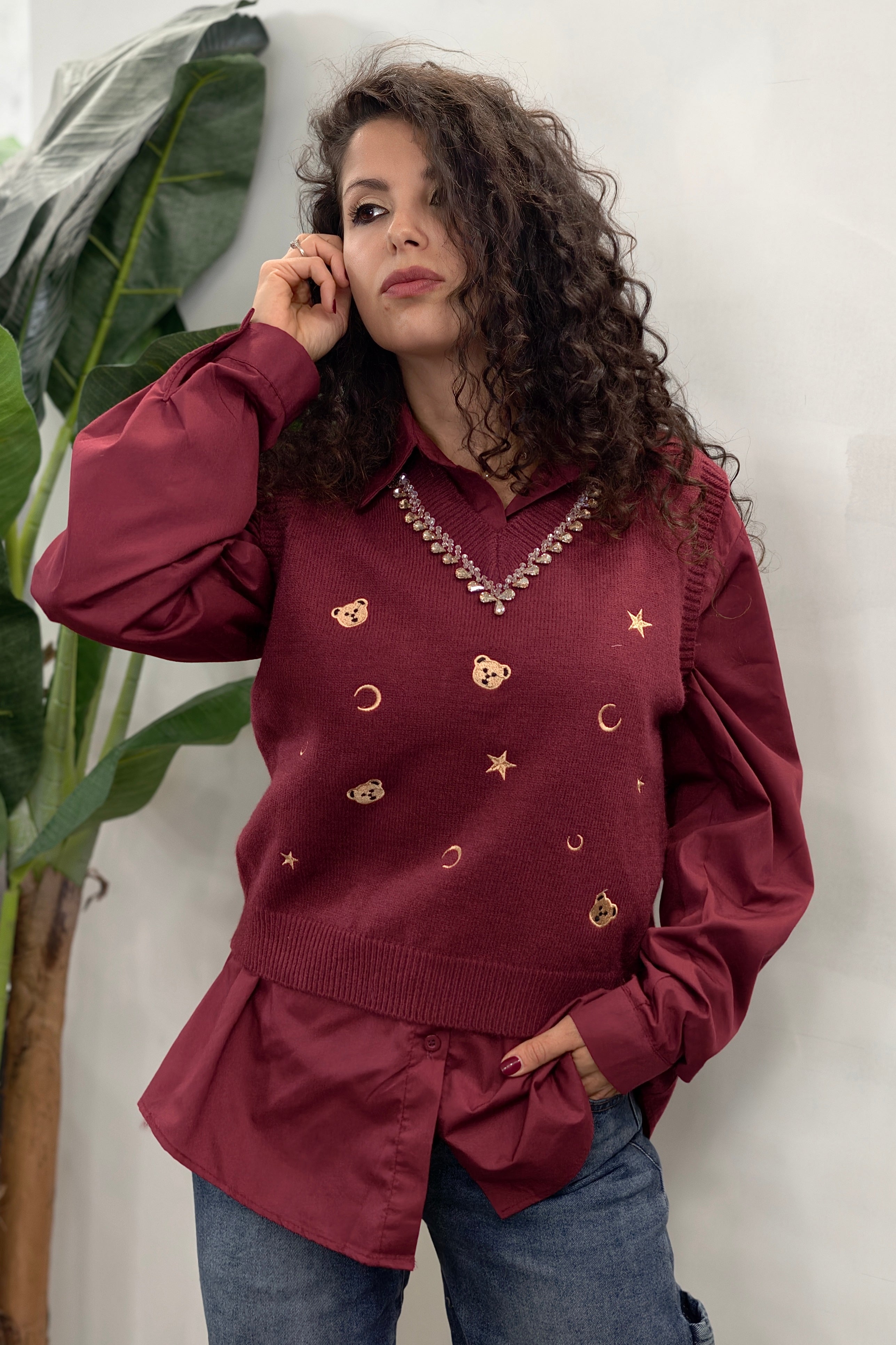 Gilet Camicia Teddy Bordeaux