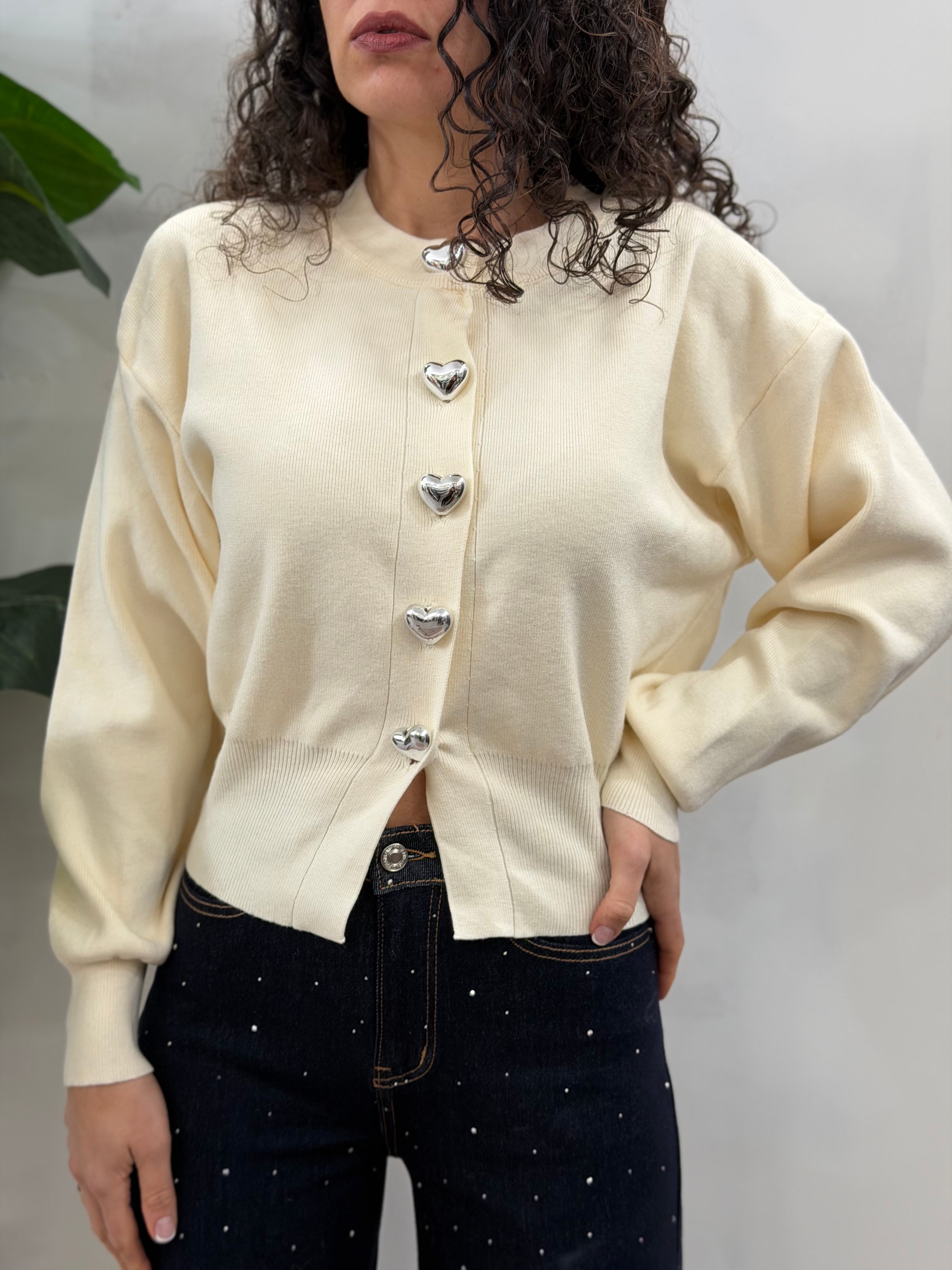 Cardigan Bottoni Cuori Panna